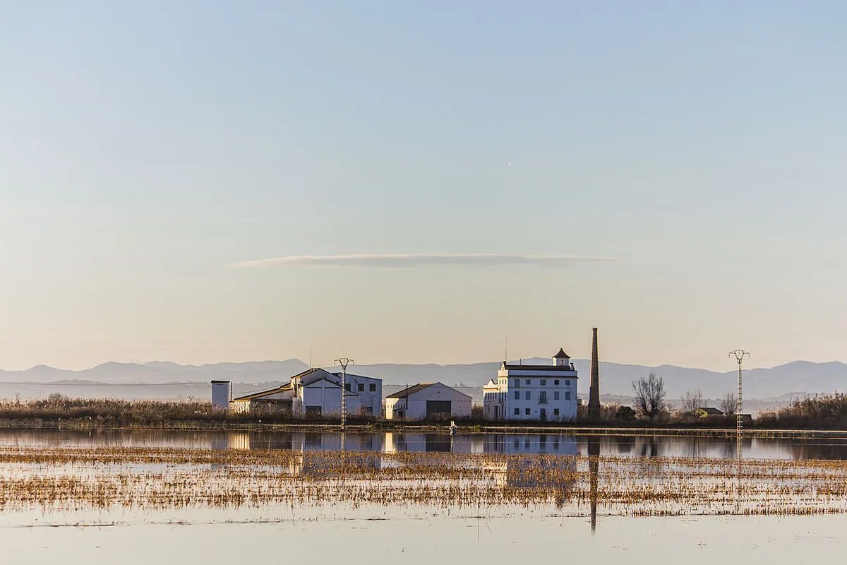 Traditional wooden boat crossing the Albufera lagoon at sunset near Valencia — 1