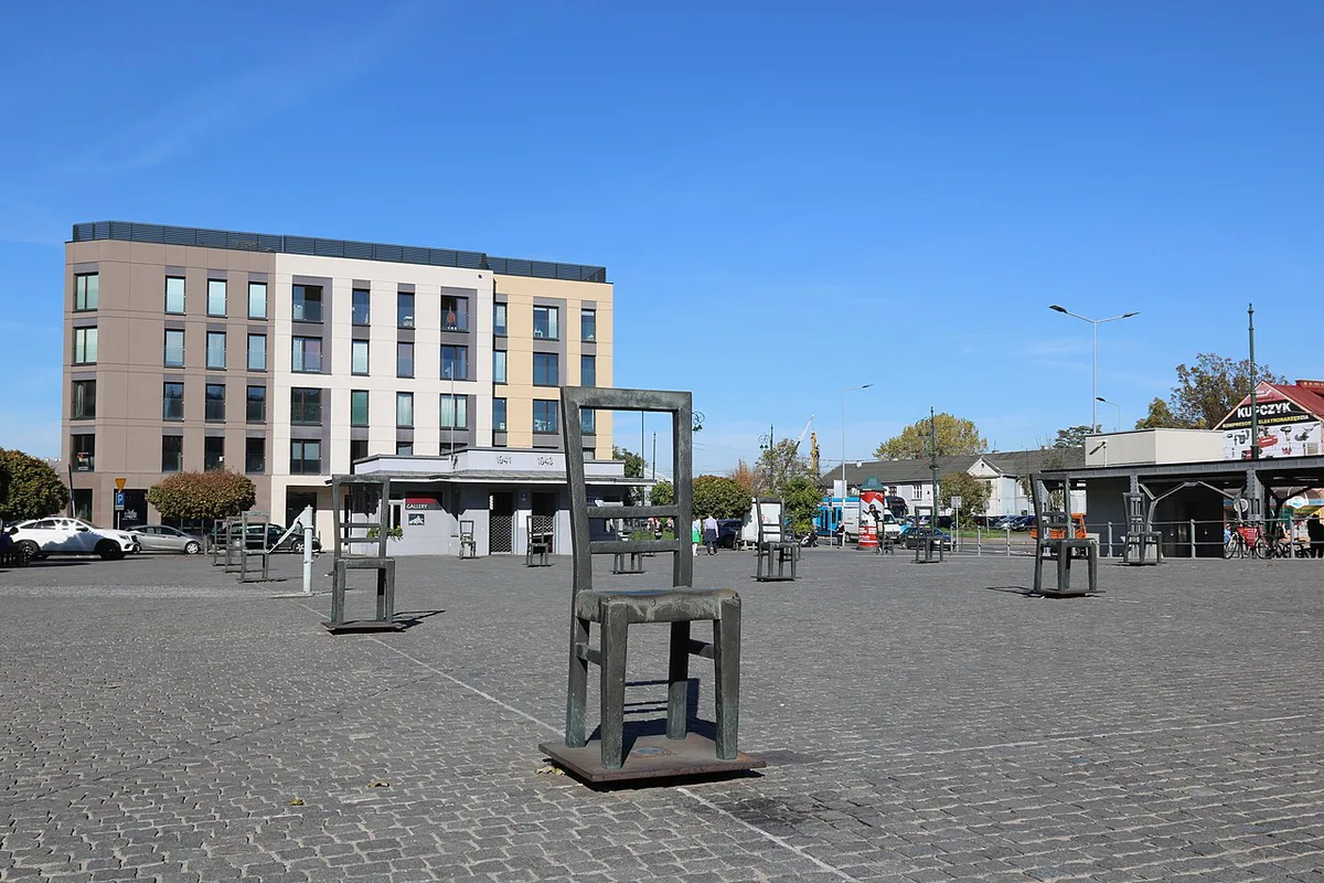 The 70 empty chairs of the Ghetto Heroes Square memorial in Kraków's Podgórze district — 1