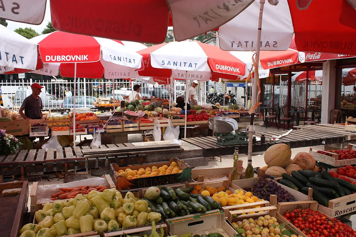 Fresh produce stalls at the Gruž morning market near Dubrovnik's ferry port — 1