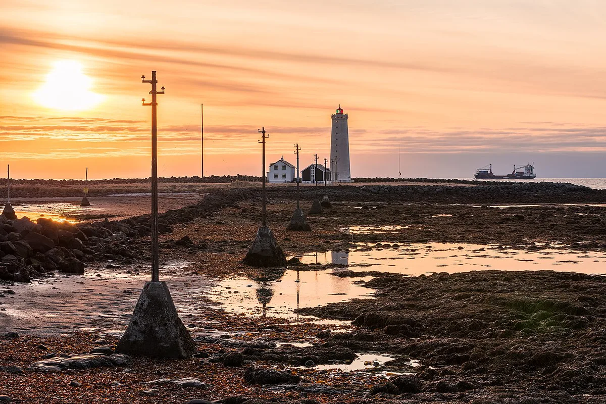 Grótta lighthouse on its windswept peninsula near Reykjavik at sunset — 2