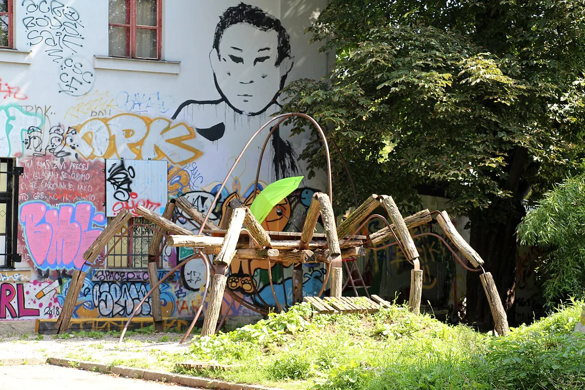 Colourful murals and sculptures covering the former army barracks at Metelkova mesto in Ljubljana — 2