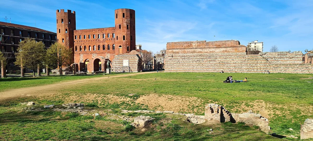 The ancient Roman gate Porta Palatina in Turin's Quadrilatero Romano district — 1