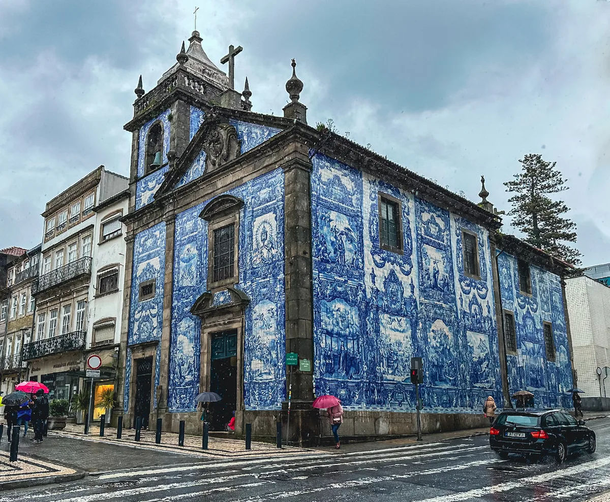 Stunning blue azulejo tiles on the facade of Capela das Almas church in Porto