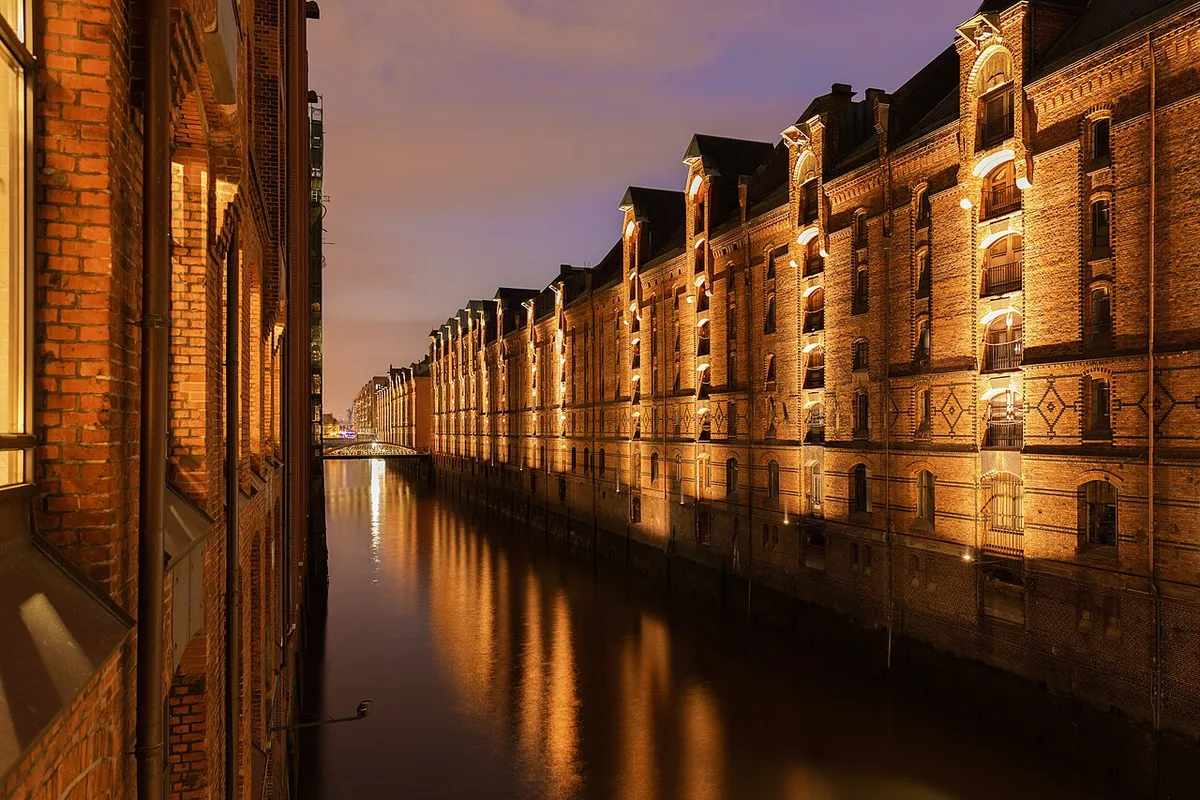 Redbrick Neo-Gothic warehouses lining a canal in Hamburg's UNESCO-listed Speicherstadt district — 2