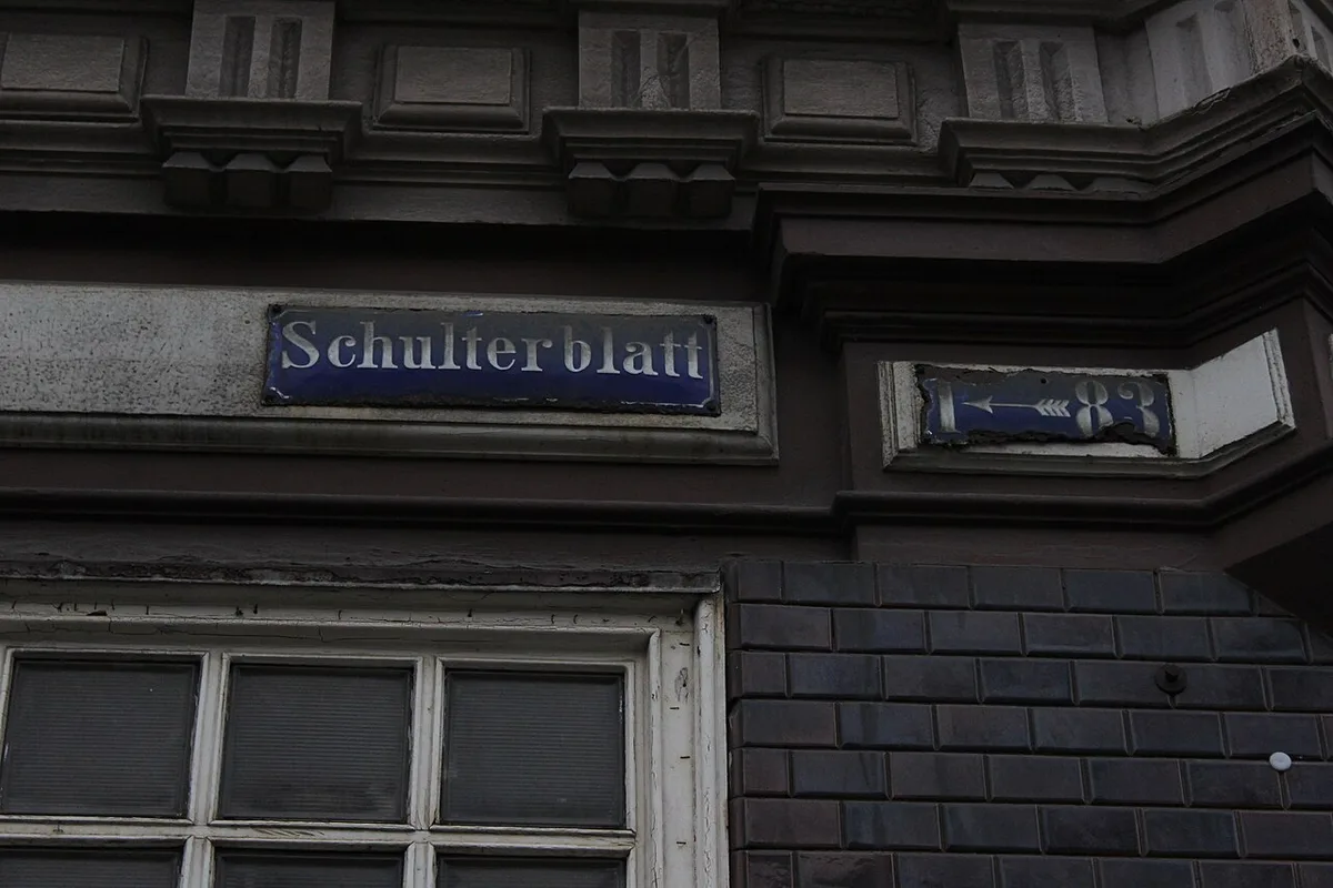 The graffiti-covered facade of the Rote Flora on Schulterblatt in Hamburg's Sternschanze district — 1