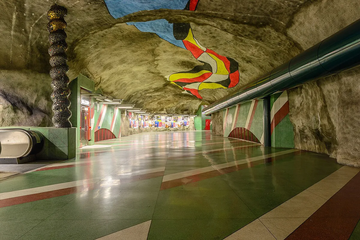 Blue painted cave-like walls and ceiling of the art-covered Tunnelbana platform at T-Centralen station in Stockholm — 1