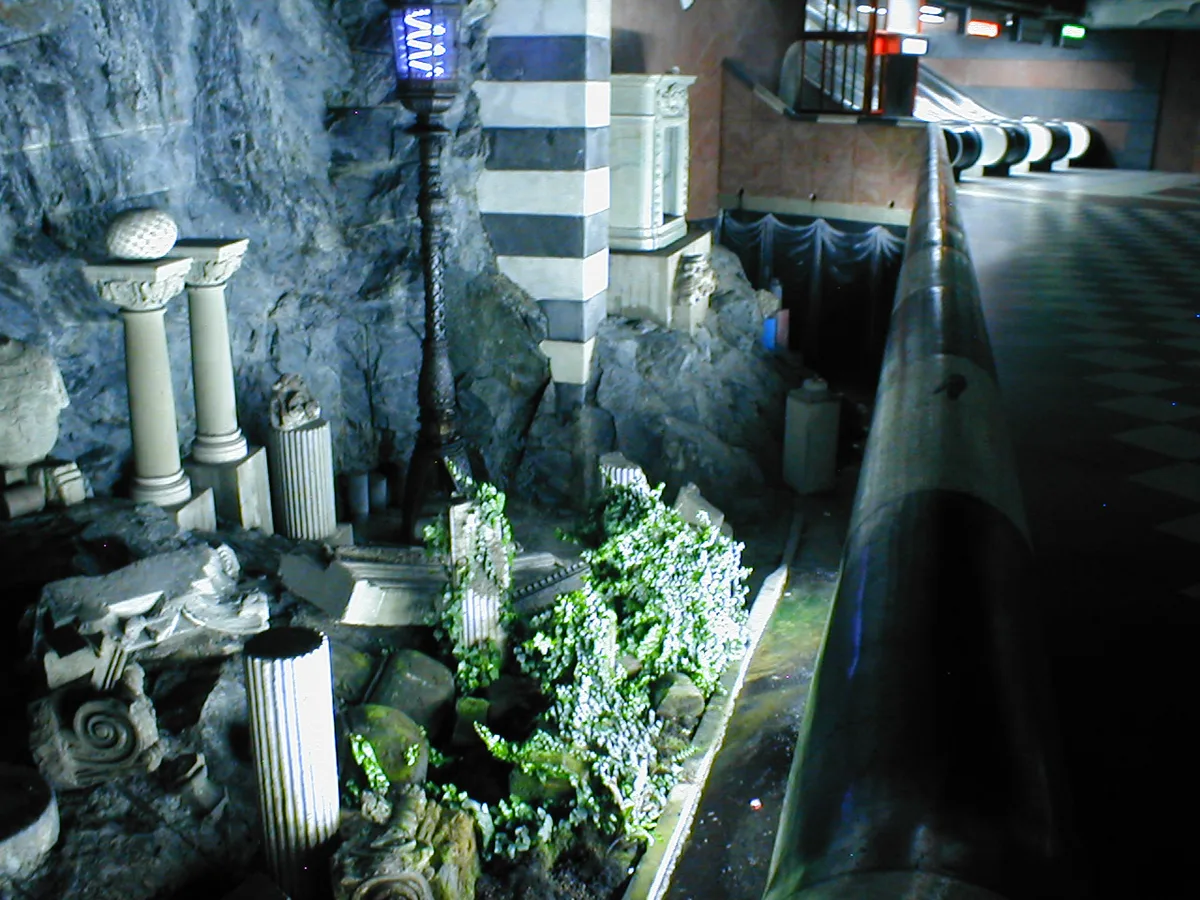 Blue painted cave-like walls and ceiling of the art-covered Tunnelbana platform at T-Centralen station in Stockholm — 2