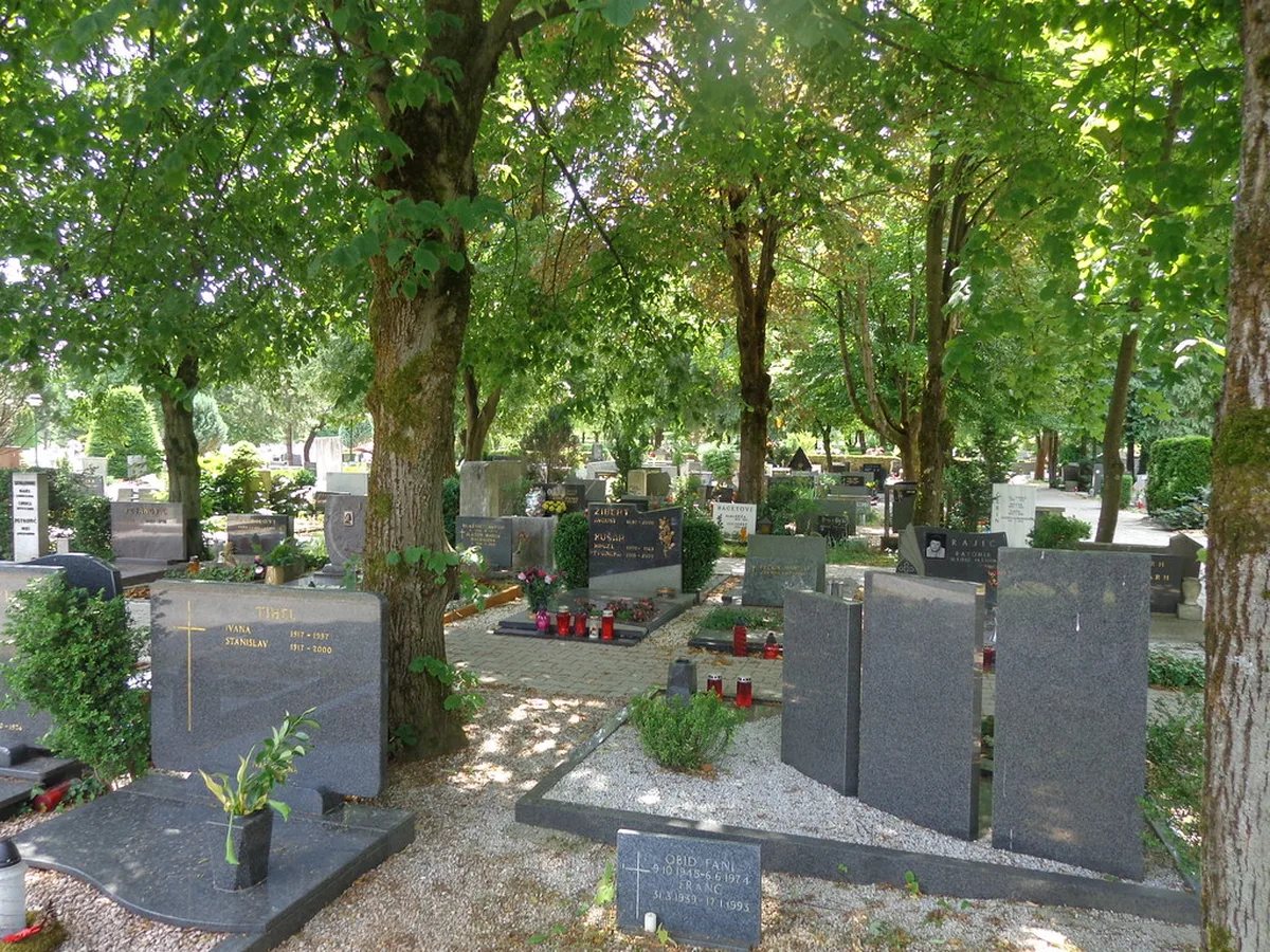 Tree-shaded graves and walking paths inside Žale Cemetery in Ljubljana